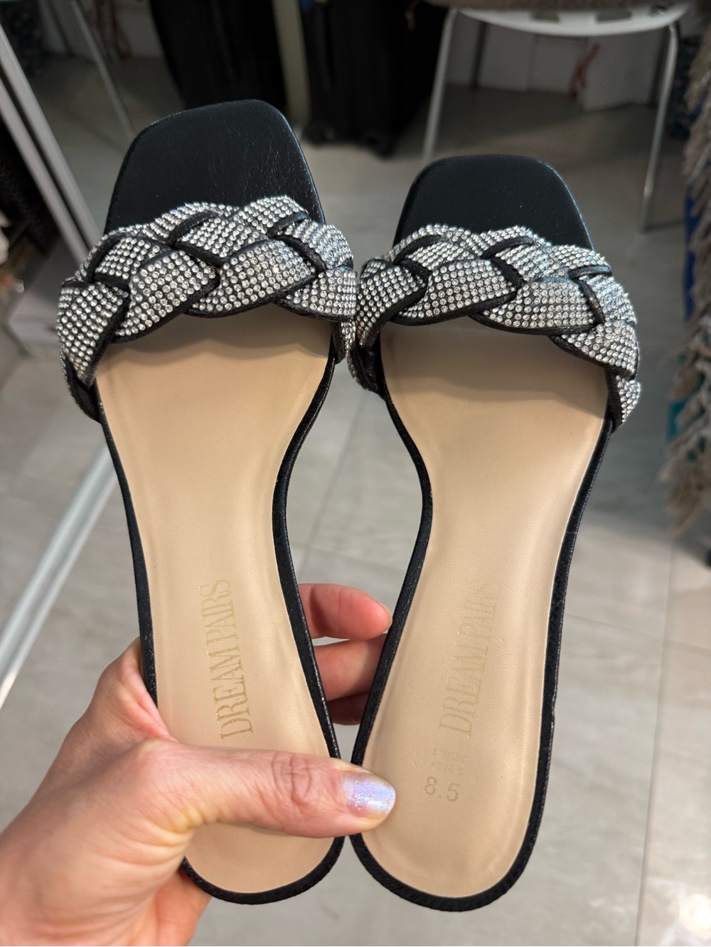 Dream Pairs Black Slide Mules with Braided Crystal Strap